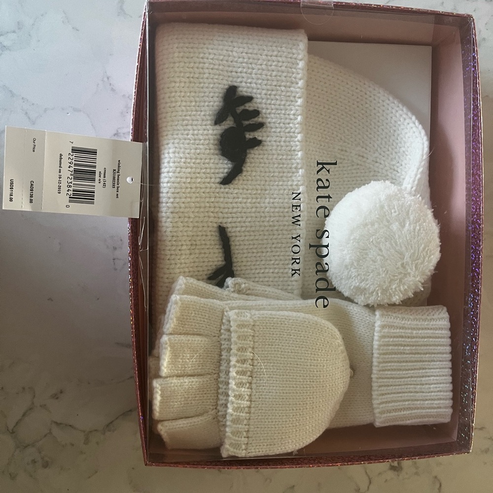 Kate Spade Cream Winking Beanie Set